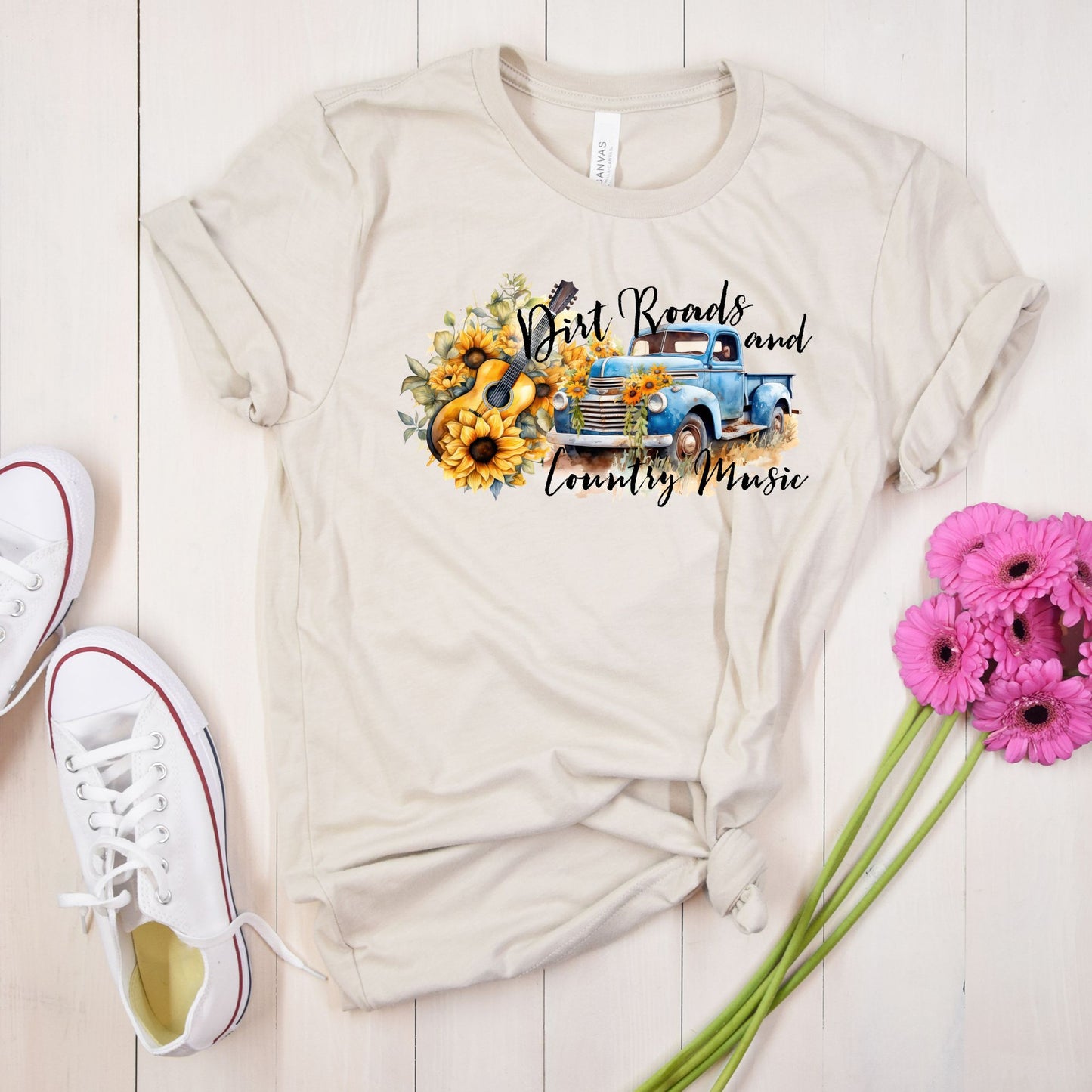 Unisex Dirt Roads and Country Music w/Sunflowers and Blue Truck