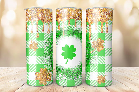 St. Patrick's Day 20oz Skinny Tumbler Four Leaf Clover with Green Buffalo Plaid