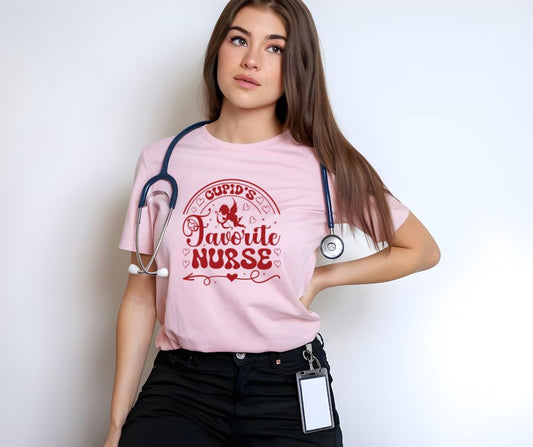 Valentine's Day "Cupid's Favorite Nurse" Pink Short Sleeve Shirt